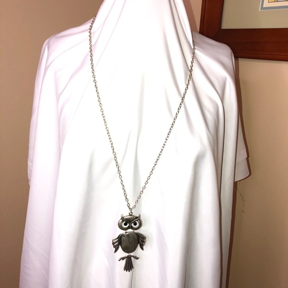 Long Owl Silver Pendant Necklace - Picture 2 of 3